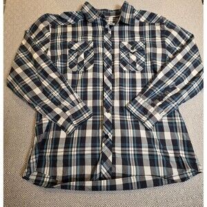 Vtg Plaid Button Up Shirt 3XL Black Gray Blue Tartan Grunge Y2K